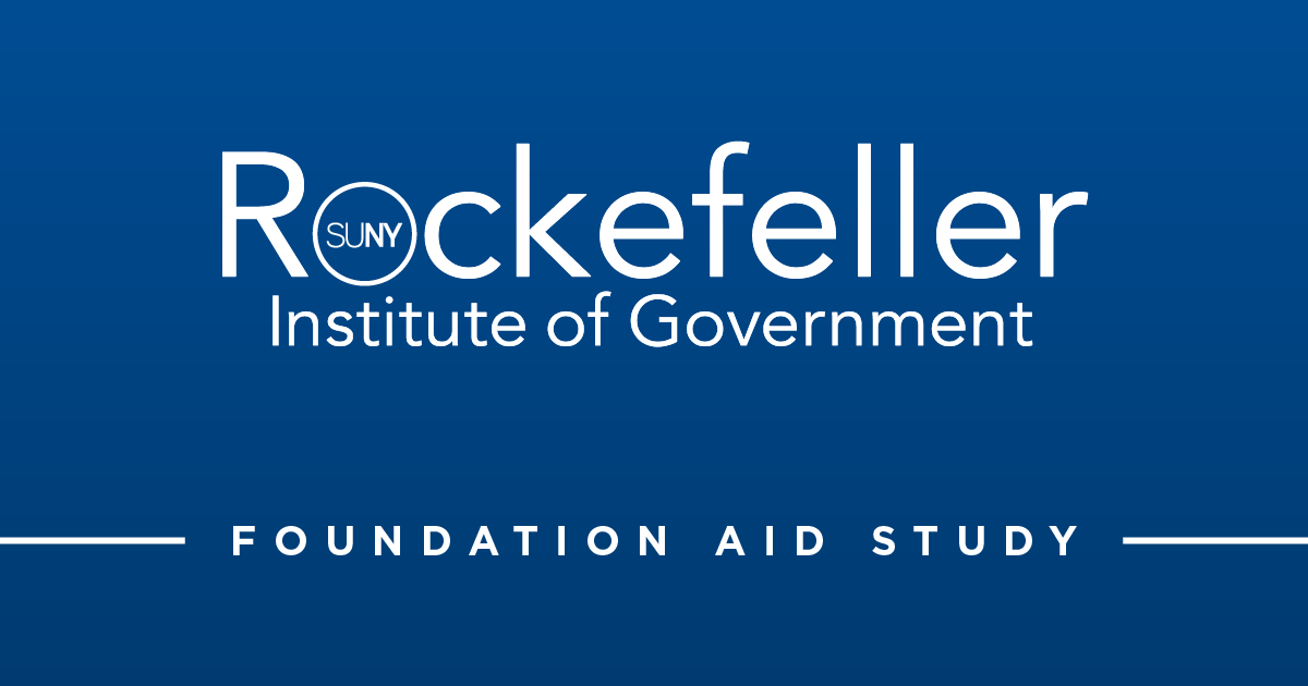 blue background. white version of the Rockefeller Institute of Government logo in top center. below that is all caps text that reads, foundation aid study