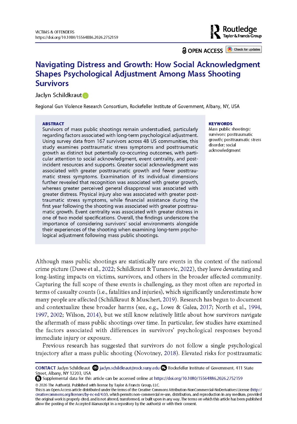 Cover page of a journal article from the publication, 'Victims & Offenders'. The article title is, 'Navigating Distress and Growth: How Social Acknowledgment Shapes Psychological Adjustment Among Mass Shooting Survivors'. The author is Jaclyn Schildkraut.